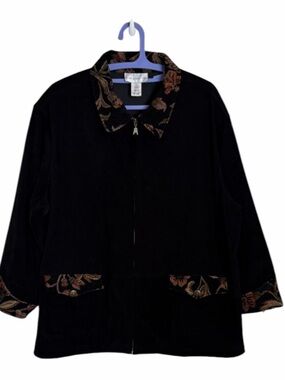 Susan Graver Black Zip-Front Jacket with Floral Tapestry Trim